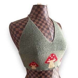 Mushroom Sweater Knit Halter Top XS Small Crop Green Red Fairycore Hippie Grunge